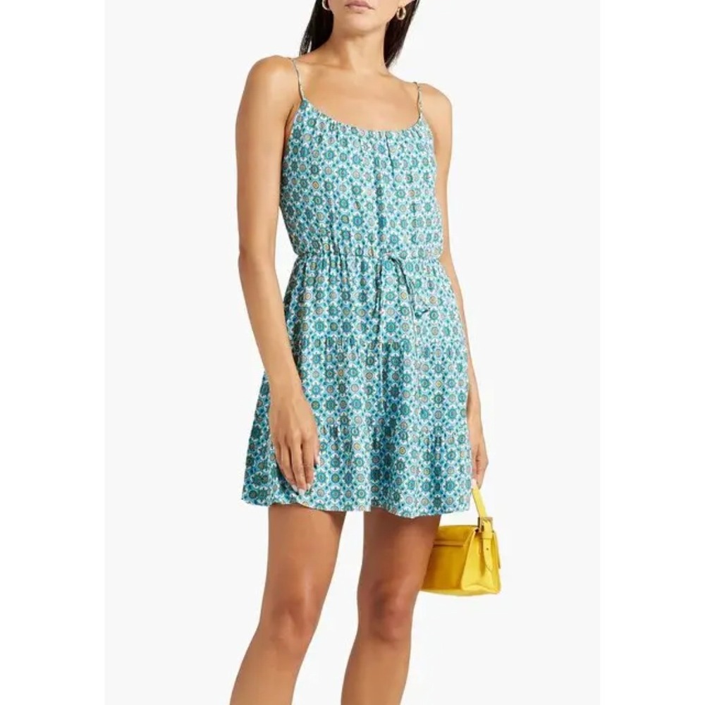Alice + Olivia Dress Womens Large Blue Cheyla Geo Printed Crepe Mini Boho Tiered